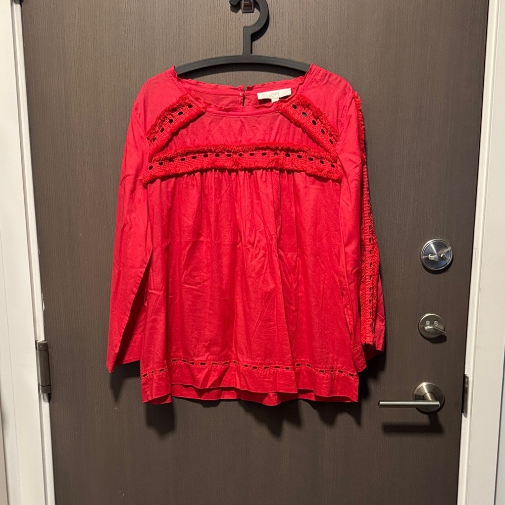 LOFT Red Blouse with Eyelet Accents